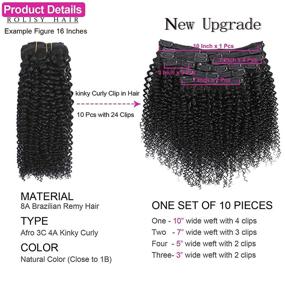 img 3 attached to 🌺 Расширение волос Rolisy Afro Kinky Curly Clip in – густые и мягкие, 8А бразильские ремейные волосы, длина 16 дюймов, черного цвета, 10/штук с 24 зажимами, вес 120 граммов.