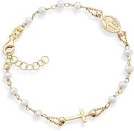 miabella handmade italian 18k gold over 925 sterling silver pearl rosary bead bracelet for women teen girls - adjustable link chain, 6-8 inch length logo