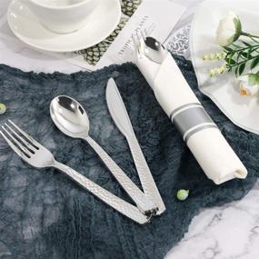 img 1 attached to WELLIFE 50 Guests Plastic Silver Hammered Silverware with Pre Rolled Linen Napkins & Cutlery Set: Includes 50 Forks, Knives, Spoons & Napkins