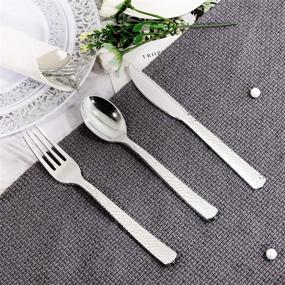 img 2 attached to WELLIFE 50 Guests Plastic Silver Hammered Silverware with Pre Rolled Linen Napkins & Cutlery Set: Includes 50 Forks, Knives, Spoons & Napkins