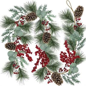 img 4 attached to 🎄 6-Foot Christmas Artificial Pine Needle Garland Rustic Twig Vine Birch Garland with Faux Red Berries, Eucalyptus Leaves, Natural Pine Cones, and Fir Sprigs - Holiday Season Winter Decor