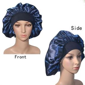 img 3 attached to 👒 Silk Chemo Caps with Wide Elastic Band - Navy Blue Satin Hair Bonnet for Sleeping and Shower, Night Sleep Cap for Black Women with Braids