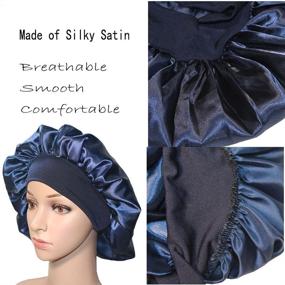 img 2 attached to 👒 Silk Chemo Caps with Wide Elastic Band - Navy Blue Satin Hair Bonnet for Sleeping and Shower, Night Sleep Cap for Black Women with Braids