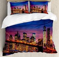 🌃 ambesonne nyc that never sleeps reflections on manhattan east river city image photo print duvet cover set – decorative 3 piece bedding set with 2 pillow shams, king size, pink blue logo