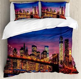 img 2 attached to 🌃 Ambesonne NYC That Never Sleeps Reflections on Manhattan East River City Image Photo Print Duvet Cover Set – Decorative 3 Piece Bedding Set with 2 Pillow Shams, King Size, Pink Blue