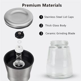 img 1 attached to 🧂 Stainless Steel Glass Salt and Pepper Grinder Set, Refillable Salt and Pepper Shaker, Adjustable Coarseness Salt and Pepper Mill, Kitchen Salt and Pepper Holder - 2 Pack, White/Black Pepper