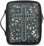 📚 montana west leather bible cover case for women and men, embroidered cross design with rhinestones and zippered closure, floral pattern, handle and turquoise accent, black logo