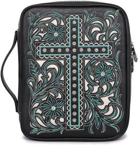 img 4 attached to 📚 Montana West Leather Bible Cover Case for Women and Men, Embroidered Cross Design with Rhinestones and Zippered Closure, Floral Pattern, Handle and Turquoise Accent, Black