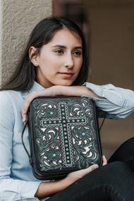 img 2 attached to 📚 Montana West Leather Bible Cover Case for Women and Men, Embroidered Cross Design with Rhinestones and Zippered Closure, Floral Pattern, Handle and Turquoise Accent, Black