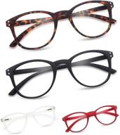 blue light blocking readers for women and men - comfortable 4 pack with soft surface, stylish design, anti eye strain - black, demi clear, red - 2.0 magnification logo