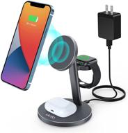 🔌 aluminum alloy magnetic wireless charger stand 3-in-1 - fast mag-safe charging station for iphone 13/12, 12 pro, 13/12 pro max, 13/12 mini - iwatch 7/6/se/5/4/3/2 - airpods 2/pro (with qc 3.0 adapter) logo