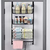 black heavy duty wetheny over the door pantry organizer with 3 tiers, hanging wire storage basket, spice rack shelf, hooks, and towel rack for bathroom, kitchen, craft room logo