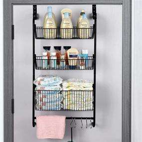 img 4 attached to Black Heavy Duty Wetheny Over The Door Pantry Organizer with 3 Tiers, Hanging Wire Storage Basket, Spice Rack Shelf, Hooks, and Towel Rack for Bathroom, Kitchen, Craft Room