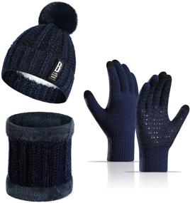 img 4 attached to 🧣 Pom Beanie Hat Scarf Gloves Set: Warm 3-in-1 Combo with Thick Lining for Womens Girls