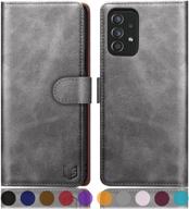 slim leather wallet case for samsung galaxy a52 4g & 5g - rfid credit card holder, flip folio book style, shockproof phone cover for men and women - samsung a52 case wallet (gray) logo