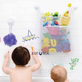 img 1 attached to 🛁 Eutuxia Bath Toy Organizer - Quick-Dry Hanging Mesh Net for Kids Toys & Bathroom Essentials. Shower Caddy with 4 Pockets, 4 Adhesive Hooks. Fun, Educational Decor. Size: 19.76" x 14".