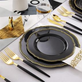 img 1 attached to Nervure 175PCS Gold and Black Plastic Plate Set - Includes 25 Dinner Plates, 25 Dessert Plates, 25 Cups, 25 Forks, 25 Knives, 25 Spoons, and 25 Napkins for Weddings & Parties