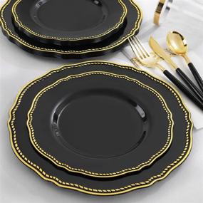 img 2 attached to Nervure 175PCS Gold and Black Plastic Plate Set - Includes 25 Dinner Plates, 25 Dessert Plates, 25 Cups, 25 Forks, 25 Knives, 25 Spoons, and 25 Napkins for Weddings & Parties