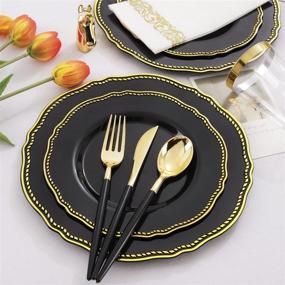 img 3 attached to Nervure 175PCS Gold and Black Plastic Plate Set - Includes 25 Dinner Plates, 25 Dessert Plates, 25 Cups, 25 Forks, 25 Knives, 25 Spoons, and 25 Napkins for Weddings & Parties