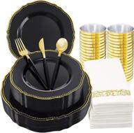 nervure 175pcs gold and black plastic plate set - includes 25 dinner plates, 25 dessert plates, 25 cups, 25 forks, 25 knives, 25 spoons, and 25 napkins for weddings & parties logo