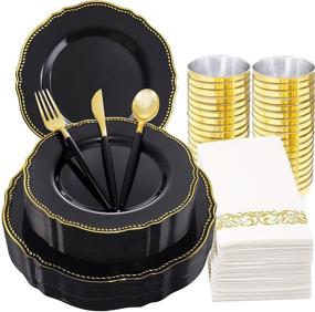 img 4 attached to Nervure 175PCS Gold and Black Plastic Plate Set - Includes 25 Dinner Plates, 25 Dessert Plates, 25 Cups, 25 Forks, 25 Knives, 25 Spoons, and 25 Napkins for Weddings & Parties