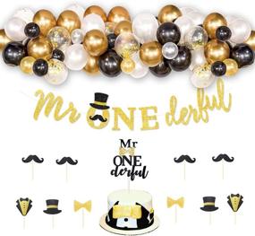 img 3 attached to Hombae Mr Onederful 1st Birthday Decorations Kit for Boys - Dapper Themed Banner, Cake Topper, Black & Gold Balloons Garland, Party Supplies