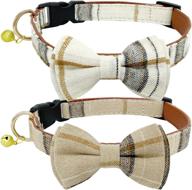 🐶 kudes plaid dog collar with bow - 2 pack/set adjustable & cute bow tie collars for male dogs - beige & brown logo