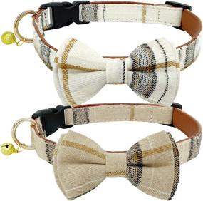 img 4 attached to 🐶 KUDES Plaid Dog Collar with Bow - 2 Pack/Set Adjustable & Cute Bow Tie Collars for Male Dogs - Beige & Brown