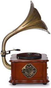 img 2 attached to 🎵 Wooden Gramophone Phonograph Turntable Vinyl Record Player Stereo Speakers System FM AUX USB Output Bluetooth 4.2 - High-Performance SEO