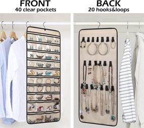 img 3 attached to 💍 MISSLO Hanging Jewelry Organizer - Dual-Sided Necklace Holder with 40 Pockets and 20 Hook &amp; Loops for Earrings, Bracelets, Rings, and Chains - Rotating Hanger Design - Beige Color