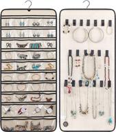 💍 misslo hanging jewelry organizer - dual-sided necklace holder with 40 pockets and 20 hook &amp; loops for earrings, bracelets, rings, and chains - rotating hanger design - beige color логотип