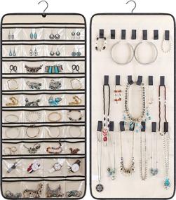 img 4 attached to 💍 MISSLO Hanging Jewelry Organizer - Dual-Sided Necklace Holder with 40 Pockets and 20 Hook &amp; Loops for Earrings, Bracelets, Rings, and Chains - Rotating Hanger Design - Beige Color