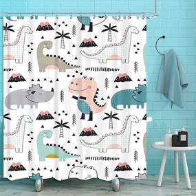 img 4 attached to 🦖 KOMLLEX Funny Cute Dinosaur Shower Curtain for Kids' Bathroom: Cartoon Dino Animals Graffiti Decor with 12 Pack Hooks