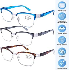 img 3 attached to Premium 3-Pack Blue Light Blocking Computer Reading Glasses with Stylish Designer Metal Frames - Men and Women, Spring Hinges - UV Blue Ray Protection, Eyestrain Relief, 2.0 Strength