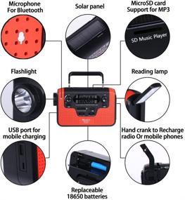 img 2 attached to 🔴 Красное солнечное портативное радио с ручным генератором: AM/FM/SW, Bluetooth, TF-карта, динамики со светом, светодиодный фонарик, светильник для чтения и кемпинга, портативное радио с аккумулятором и зарядным устройством для мобильных телефонов на 2300mAh.