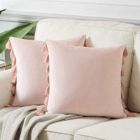 img 4 attached to 🛋️ Fancy Homi Pack of 2 Decorative Throw Pillow Covers with Handmade Tassels, Soft Velvet Peach Square Cushion Case Set for Couch Sofa Bedroom Car Living Room (18x18 Inch/45x45 cm, Blush Pink)