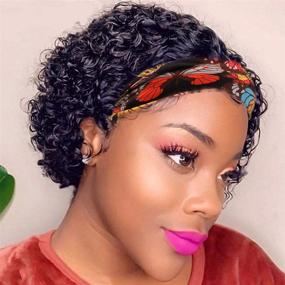 img 4 attached to 🏾 SWEETGIRL Headband Wig: Curly Bob Human Hair Wigs for Black Women - Short Pixie Cut, Glueless, 150% Density, Natural Black (6 Inch)