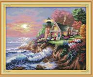 egoodn seaside lighthouse stamped cross stitch kit - accurate pre-printed scenery pattern on 11ct fabric, 22x17.7 inches - diy embroidery needlework, cross-stitching - no frame included logo