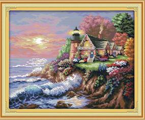 img 4 attached to eGoodn Seaside Lighthouse Stamped Cross Stitch Kit - Accurate Pre-Printed Scenery Pattern on 11ct Fabric, 22x17.7 inches - DIY Embroidery Needlework, Cross-Stitching - No Frame Included