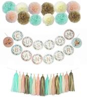 🎀 customizable banner with 72 alphabet letters, 12 pom poms and 16 tissue tassels in fall mint peach cream gold colors - perfect boho decor for baby showers, birthdays, weddings, bridal showers - create your own greeting logo