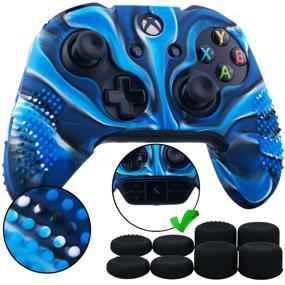 img 4 attached to 9CDeer Xbox One/S/X Controller Camouflage Blue Studded Silicone Sleeve Case + 8 Thumb Grips Analog Caps, Compatible with Official Stereo Headset Adapter