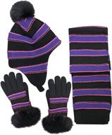 n'ice caps girls fashion striped knit hat scarf glove 3pc set with soft pile lining logo