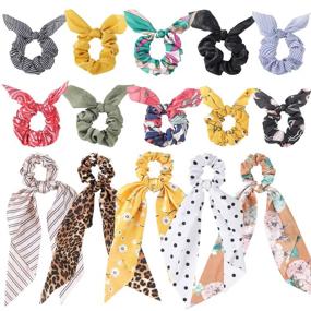 img 4 attached to 15-Piece Hair Scarf Scrunchie Set with Bow - Chiffon Floral Hair Bands, Satin Scarf Ponytail Holders for Women (Color A)