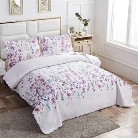 img 3 attached to King Size Floral Quilts, Summer Lightweight Thin Bedspread with Purple Blue Lilac 🌸 Flowers and Green Leaves. Breathable Botanical Coverlet Set with King Pillow Shams, Featuring Random Patterns