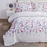 king size floral quilts, summer lightweight thin bedspread with purple blue lilac 🌸 flowers and green leaves. breathable botanical coverlet set with king pillow shams, featuring random patterns logo