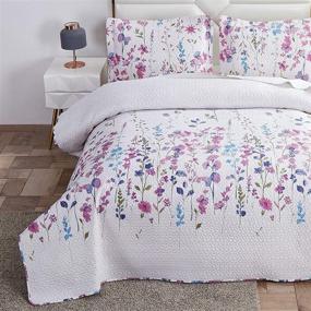 img 4 attached to King Size Floral Quilts, Summer Lightweight Thin Bedspread with Purple Blue Lilac 🌸 Flowers and Green Leaves. Breathable Botanical Coverlet Set with King Pillow Shams, Featuring Random Patterns