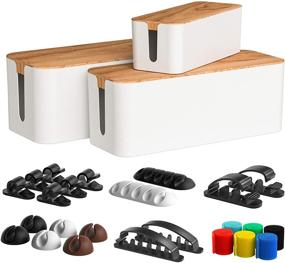 img 4 attached to 🔌 Wooden Cable Management Box Set of 3 with 16 Cable Clips - Large, Medium, Small - Conceal Wires, Power Strips - Cord Organizer Box for Home, Office - White