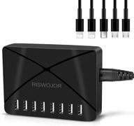 умная usb-зарядная станция для нескольких устройств - riswojor 8 портовый мультипортовый зарядник с интеллектуальной идентификацией, множественный зарядный хаб с 5 короткими кабелями разных типов для смартфонов, планшетов и других устройств. логотип