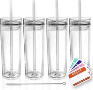 pack of 4 clear acrylic tumblers with lids and straws - 16oz double wall clear plastic tumblers | includes free straw cleaner & name tags! | bulk reusable cups with straw - insulated tumbler логотип