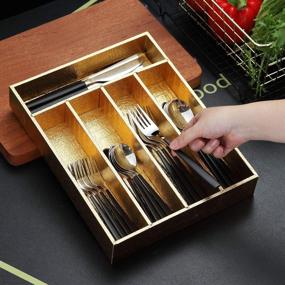 img 1 attached to Berglander Flatware Golden Organizer – Wood Silverware Tray Cover 🍴 with Golden Surface, BPA Free – Cutlery Trays for Kitchen Drawer Organization